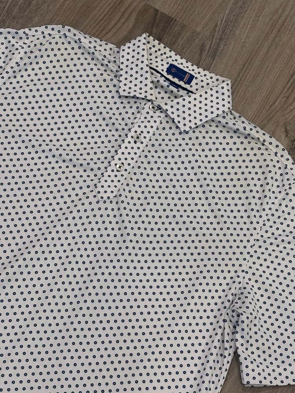 Stitch Golf Polo Shirt Size L White Blue Dot Print Short Sleeve
